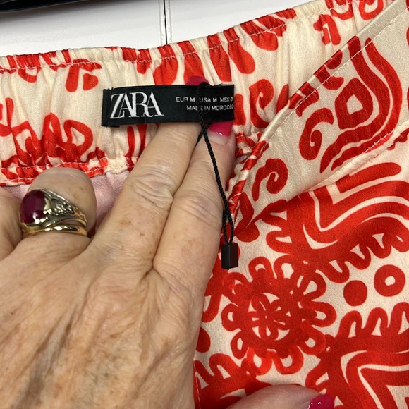 Zara Womens Pants M Gold Red Purple Wide Leg Flare Boho Stretch Waist side Vents - Picture 2 of 14